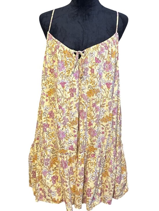 Old Navy Dresses & Skirts - Old Navy Yellow Pink Floral Print Spaghetti Strap Camisole Dress Tiered Hem Wome